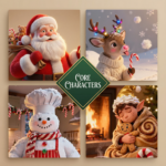 A grid of high-quality 3D Christmas characters featuring Santa with toys, a reindeer with glowing antlers, a chef snowman in a candy-striped kitchen, and a cozy elf holding a gingerbread cookie. A green diamond label reads “Core Characters,” showcasing essential Christmas character designs.
