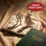 A magical scene of comic characters appearing in 3D above an open sketchbook—an armored sci-fi hero and a fantasy sorceress. A speech bubble reads “Create Your Story!” with the “8000+ Comic Prompts” book nearby.