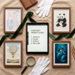 A styled flatlay featuring framed children’s artwork—abstract shapes, panda illustration, balloon scene, and mermaid art—surrounding an iPad displaying a curator’s prompt guide.