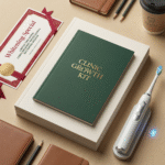 A pediatric dental prompts card with tooth fairy illustration and a cute 3D tooth character holding a toothbrush. Set on a warm wooden surface. Represents dentist business prompts for pediatric dentistry and child-friendly communication.