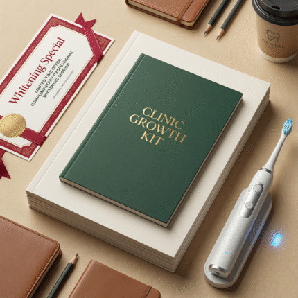 A pediatric dental prompts card with tooth fairy illustration and a cute 3D tooth character holding a toothbrush. Set on a warm wooden surface. Represents dentist business prompts for pediatric dentistry and child-friendly communication.