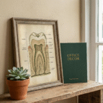 A framed vintage tooth anatomy poster displayed with a green booklet labeled “Office Decor” on a wooden surface beside a succulent plant. Ideal for dentist business prompts related to clinic interior design and patient experience.