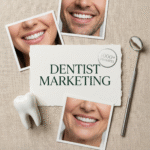A set of dentist social media cards placed on a sandy surface, including whitening before-and-after, flossing tips, holiday hours, and team introduction. Ideal for dentist business prompts focused on social media content creation.