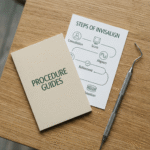 A framed vintage tooth anatomy poster displayed with a green booklet labeled “Office Decor” on a wooden surface beside a succulent plant. Ideal for dentist business prompts related to clinic interior design and patient experience.