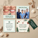 A set of dentist social media cards placed on a sandy surface, including whitening before-and-after, flossing tips, holiday hours, and team introduction. Ideal for dentist business prompts focused on social media content creation.