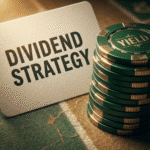 A “Dividend Strategy” card beside a stack of green and gold poker chips labeled “Yield,” symbolizing income investing, wealth building, and finance business prompts for dividend planning.