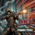 A hooded supernatural hunter fires a bolt from a crossbow with explosive comic-style motion lines. Includes stylized text like “THWIP!” and a green arrow label reading “Dynamic Poses.”