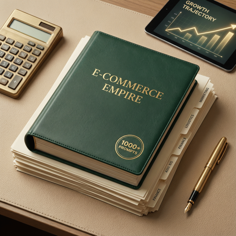 A green leather binder titled “E-Commerce Empire” rests on a stack of categorized documents labeled finance, logistics, and marketing. A gold pen, calculator, and tablet showing growth charts highlight an organized e-commerce business planning setup.