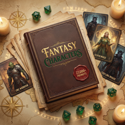 A leather-bound book titled “Fantasy Characters” surrounded by illustrated fantasy character cards, glowing dice, ancient parchment maps, and candles, creating an immersive RPG atmosphere. Highlights a set of 23,000+ fantasy character prompts.