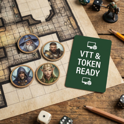 A set of round wooden fantasy character tokens placed on a battle grid map next to a green card reading “VTT & Token Ready,” surrounded by dice, figurines, and pencils. Designed for fantasy character prompt packs.