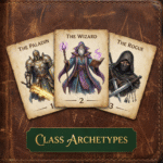 Three vintage-style character cards displaying a paladin, wizard, and rogue against a worn leather background, labeled “Class Archetypes.” A visual reference for building fantasy character prompts.