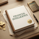 A premium leather-bound “Financial Intelligence” binder placed on a desk beside gold coins, financial documents, a pen, and a calculator—representing finance business prompts, wealth planning, and strategic financial literacy.