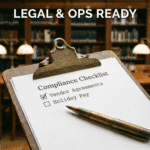 Clipboard with a compliance checklist listing vendor agreements and holiday pay inside a library-style room with warm lighting.