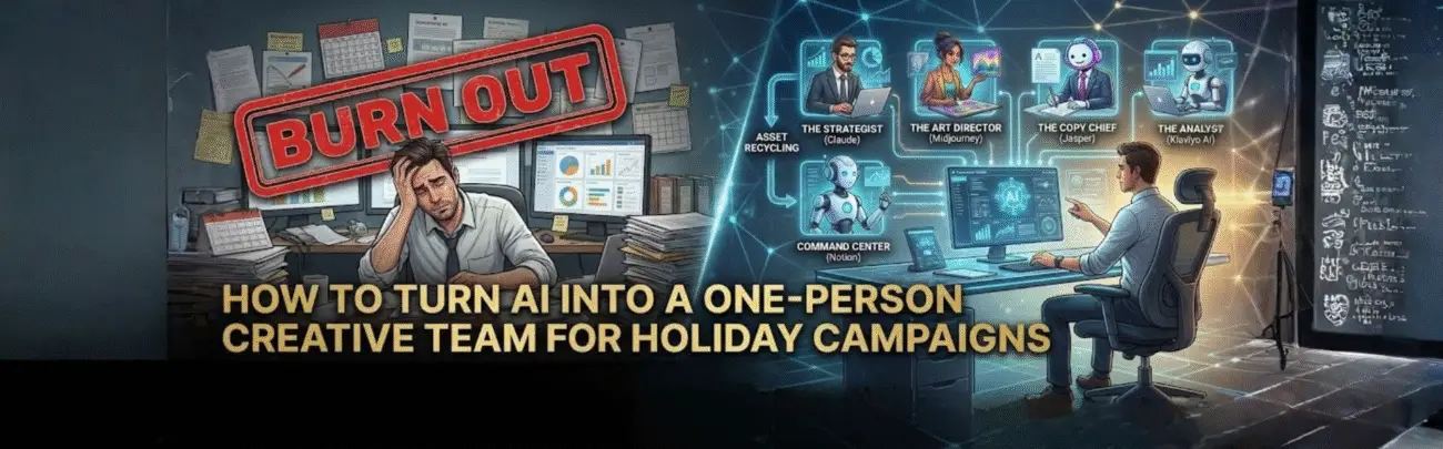 A stressed marketer facing burnout transforms their workflow using an AI creative team—featuring virtual strategist, art director, copy chief, and analyst—to run a full holiday campaign from one command center
