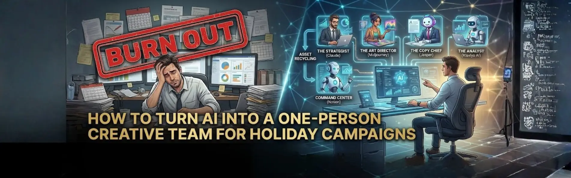 A stressed marketer facing burnout transforms their workflow using an AI creative team—featuring virtual strategist, art director, copy chief, and analyst—to run a full holiday campaign from one command center