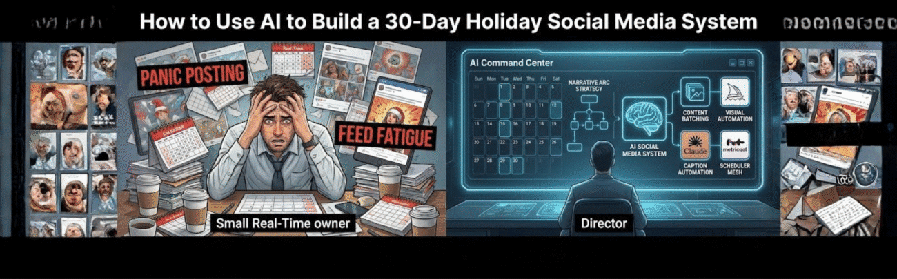 Illustration showing an AI social media system replacing panic posting and feed fatigue, with a central creator using an automated AI dashboard to plan a 30-day holiday content strategy.