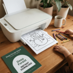 Flatlay of kids’ holiday coloring pages featuring Santa, snowmen, and festive scenes, stacked with a “Kids Holiday Art” cover sheet. Includes candy cane, milk, and holiday elements, representing the printable Christmas Coloring Book for kids.