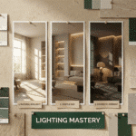 A lighting study board displaying three interior design renderings: natural sunlight, subtle LED shelf lighting, and dramatic ambient night lighting, pinned along a textured wall with color swatches and tone samples.