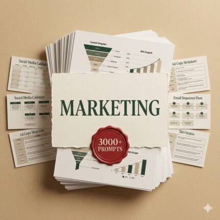Flatlay of a large marketing prompt card stack featuring funnel diagrams, ROI charts, social media calendars, ad copy structures, and email sequence flows. Center card reads “Marketing – 3000+ Prompts,” showcasing a complete marketing prompts toolkit.