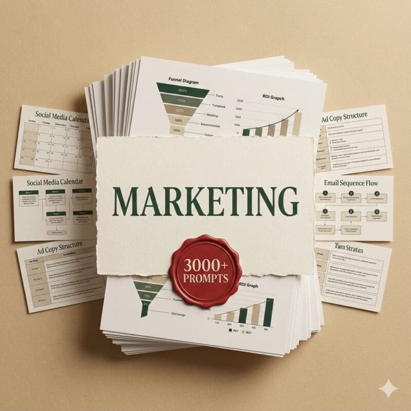 Flatlay of a large marketing prompt card stack featuring funnel diagrams, ROI charts, social media calendars, ad copy structures, and email sequence flows. Center card reads “Marketing – 3000+ Prompts,” showcasing a complete marketing prompts toolkit.