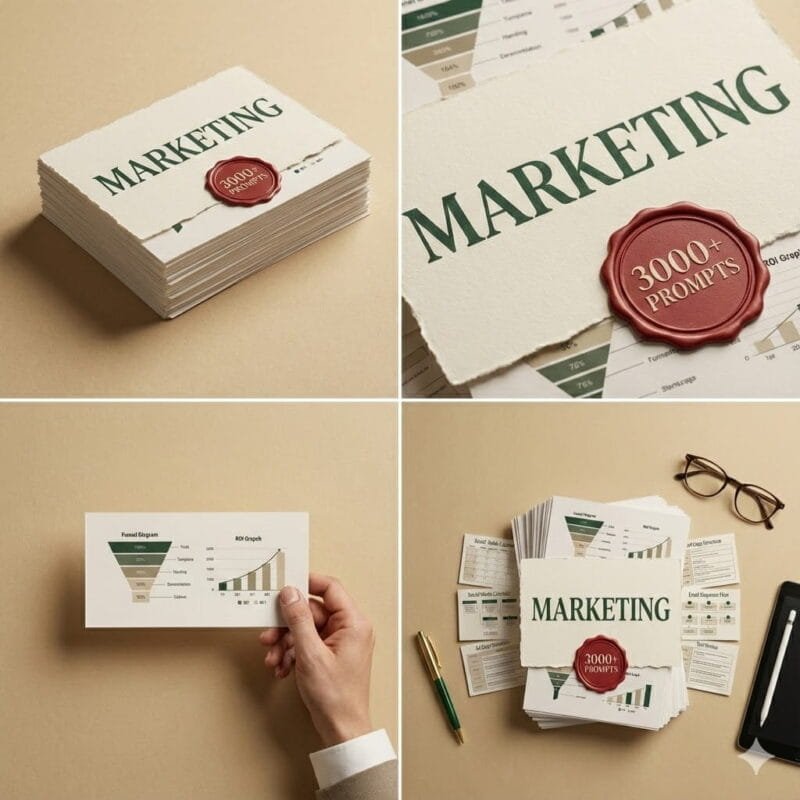 Multiple vintage-style marketing prompt cards displayed in a grid, including funnel diagrams, ROI charts, content calendars, and email flows. Central card labeled “Marketing – 3000+ Prompts” highlights the full marketing prompts collection.
