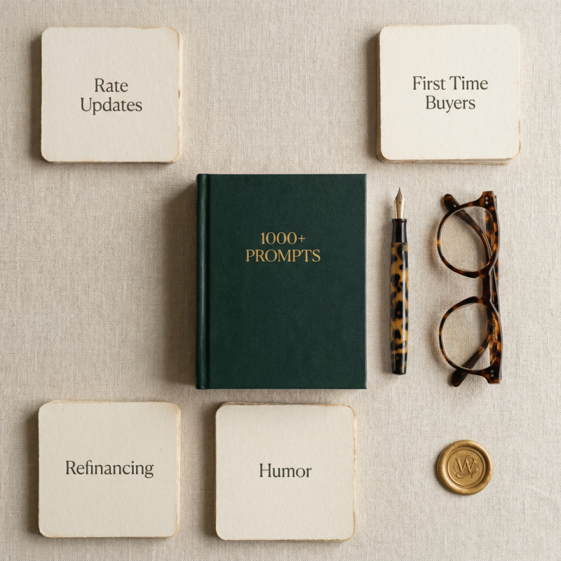 Structured layout of a dark green book labeled “1000+ Prompts,” surrounded by coasters named Rate Updates, First Time Buyers, Refinancing, and Humor, with tortoiseshell glasses and a gold fountain pen; mortgage business prompt categories.