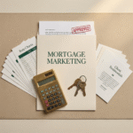 Professional flat-lay featuring a “Mortgage Marketing” folder with an APPROVED loan document, golden calculator, keys, rate charts, and client testimonial cards arranged neatly on a beige desk; premium mortgage business prompts set.