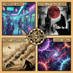 Four illustrated comic panels representing cyberpunk subway, gothic city under a blood moon, desert sandstorm chase, and cosmic nebula explosion. Displayed in a grid with a “Multi-Genre” badge in the center.