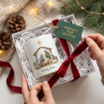 A white ceramic Christmas mug featuring a nativity scene placed in a festive gift box with shredded paper, pinecones, evergreen branches, and a velvet ribbon, labeled “Perfect for Gifting” — Christmas mug product display.