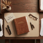 Leather-bound November Operations Kit placed on a wooden desk with fountain pens, glasses, wheat decor, and a handwritten team appreciation note.