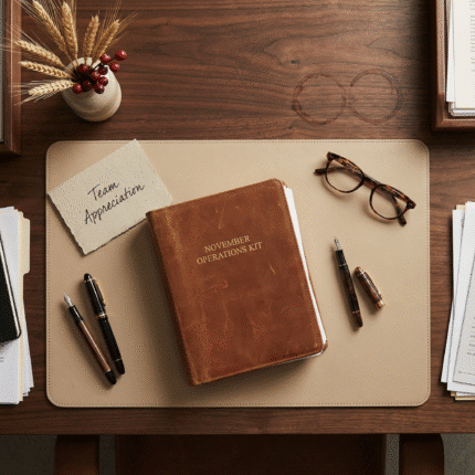 Leather-bound November Operations Kit placed on a wooden desk with fountain pens, glasses, wheat decor, and a handwritten team appreciation note.