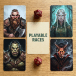 A tabletop gaming layout featuring four fantasy race character cards—dwarf, elf, orc, and tiefling—arranged around a central card labeled “Playable Races,” with two red twenty-sided dice placed above and below the center card. Perfect visual for fantasy character prompts.