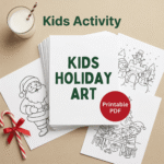 A home printer producing a cute snowman coloring page with crayons beside a child’s hands, showcasing the printable Christmas Coloring Book activity set. A warm, cozy workspace with plants and a mug emphasizes the kid-friendly holiday craft environment.
