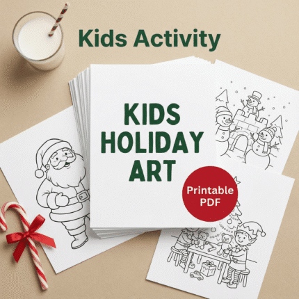 A home printer producing a cute snowman coloring page with crayons beside a child’s hands, showcasing the printable Christmas Coloring Book activity set. A warm, cozy workspace with plants and a mug emphasizes the kid-friendly holiday craft environment.