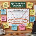 November calendar pinned to a corkboard with sticky notes showing Black Friday, Cyber Monday, flash sales, bundles, email drip, and Thanksgiving push strategies.