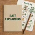 Minimal flat-lay showing a “Rate Explainers” booklet next to an illustrated “Rent vs Buy” comparison chart and a pencil on a wooden table; educational mortgage business prompts visual.