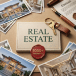 Beige textured flat-lay featuring a “Real Estate” prompt deck with red wax seal surrounded by luxury home photos, contract, gold keychain, and fountain pen. Showcases refined real estate business prompts for property marketing.