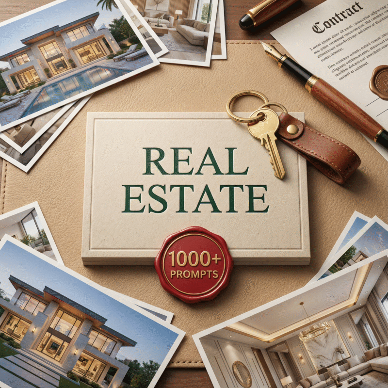 Beige textured flat-lay featuring a “Real Estate” prompt deck with red wax seal surrounded by luxury home photos, contract, gold keychain, and fountain pen. Showcases refined real estate business prompts for property marketing.