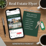 Phone mockup displaying an Instagram Open House flyer beside a green prompt list, house keys, pen, and coffee. Ideal visual for real estate business prompts used in social-media-ready listing flyers.