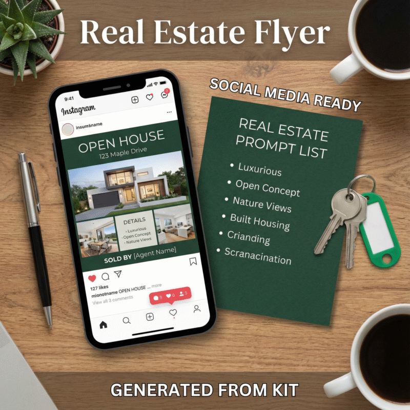 Phone mockup displaying an Instagram Open House flyer beside a green prompt list, house keys, pen, and coffee. Ideal visual for real estate business prompts used in social-media-ready listing flyers.