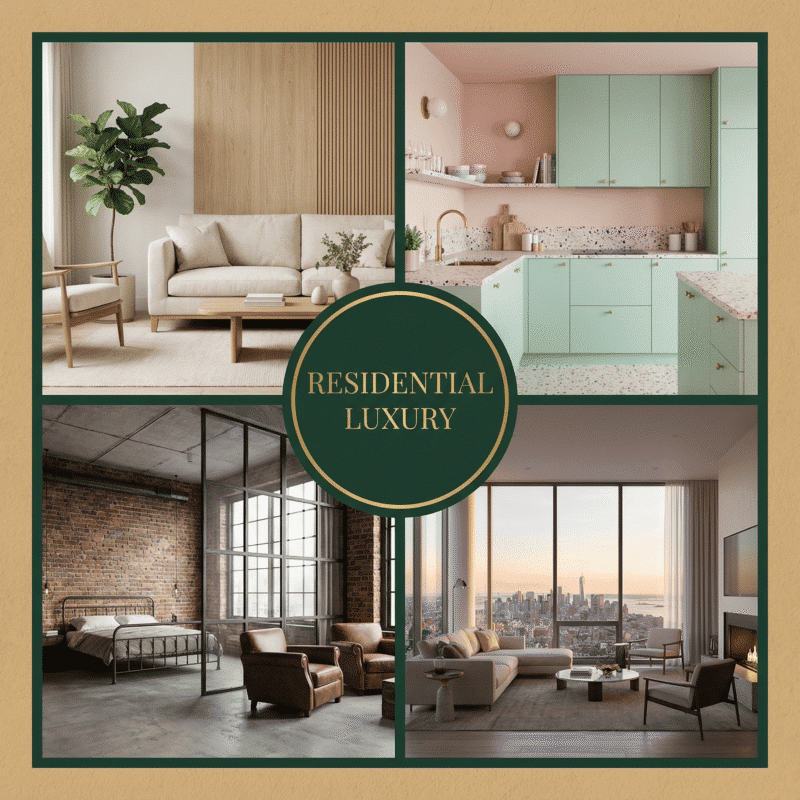 A four-panel collage showing luxury residential interiors: a minimalist beige living room, pastel terrazzo kitchen, industrial loft bedroom, and a high-rise apartment with skyline views, framed with a green label reading “Residential Luxury.”