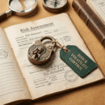 A vintage-style risk assessment document with a brass padlock, magnifying glass, and compass, labeled “Risk & Volatility Control”—ideal for finance business prompts involving risk strategy and financial safety planning.