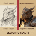 Side-by-side comparison of a fantasy dragonborn character shown first as a pencil sketch and then as a hyper-realistic 8K render. The left panel displays a hand-drawn sketch of an armored dragon humanoid, while the right panel shows a detailed 3D-style photorealistic version of the same character. Text labels read “Pencil Sketch,” “Hyper-Realistic 8K,” and “Sketch to Reality.” Ideal visual for fantasy character prompts and art transformation workflows.