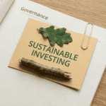 A “Sustainable Investing” card clipped to a governance notebook with a green leaf and a wooden twig—symbolizing ESG investing, ethical finance, and sustainability-focused finance business prompts.
