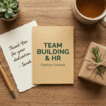 Employee gratitude card on a wooden table beside a handwritten thank-you note, wrapped gift, rosemary sprig, tea cup, and stationery.