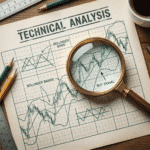A detailed technical analysis sheet featuring Bollinger Bands and trend indicators under a magnifying glass, surrounded by pencils and a ruler—perfect for finance business prompts related to charting and market signals.