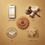 Golden-toned grid featuring icons for social media, legal contracts, HR handshake, and supply chain logistics with a central badge saying “Covers 4 Departments.”