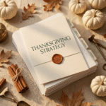 Stack of Thanksgiving strategy documents with section tabs, surrounded by pumpkins, cinnamon sticks, and autumn leaves on a beige fabric background.