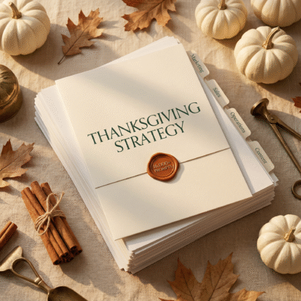Stack of Thanksgiving strategy documents with section tabs, surrounded by pumpkins, cinnamon sticks, and autumn leaves on a beige fabric background.