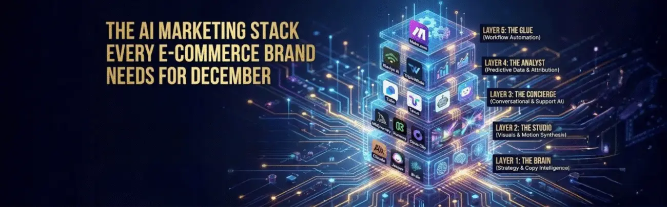 Diagram of an AI marketing stack for e-commerce brands, showing five layers including strategy, visual creation, conversational AI, predictive analytics, and workflow automation with tools like Midjourney, Runway, Klaviyo AI, Teal, and Opus Clip.